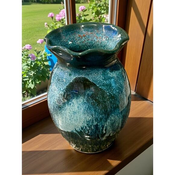 DK Clay Ocean Blue Ruffle Rim Vase-North Carolina Studio Pottery-6''-Stoneware - Picture 5 of 7
